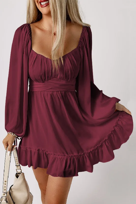 Blue Zone Planet | Fiery Red Plain Ruffled High Waist Square Neck Mini Dress Comfortable Casual Mini Dress Blue Zone Planet | Fiery Red Plain Ruffled High Waist Square Neck Mini Dress Comfortable Casual Mini Dress