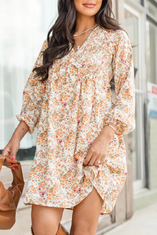 Blue Zone Planet | Yellow Boho Floral V Neck Ruffled Empire Waist Long Sleeve Mini Dress Elegant Mini Dress with Ruffles Blue Zone Planet | Yellow Boho Floral V Neck Ruffled Empire Waist Long Sleeve Mini Dress Elegant Mini Dress with Ruffles