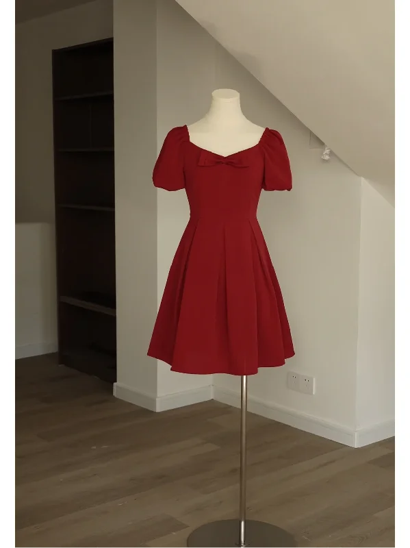 Burgundy Short Summer Mini Dress with Bubble Sleeves Comfortable Linen Mini Dress