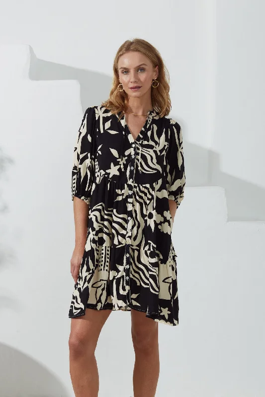 Cali Black Abstract Button Down Mini Dress Trendy Cut-Out Mini Dress