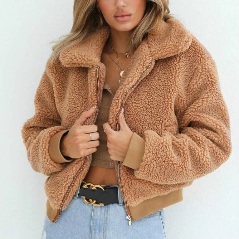 Vireous Camel Fleece Women's Bomber-Style Jacket Toggled Jacket Drawstring Jacket Belted Jacket