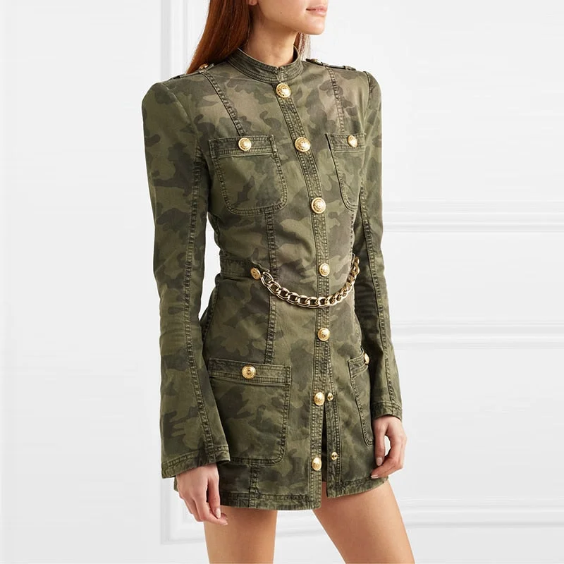 Camouflage Chain Detail Long Sleeve Mini Dress Stylish Floral Print Mini Dress