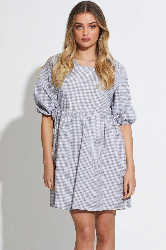 Check Mini Dress Short Sleeve Round Neck Chic Pleated Mini Dress