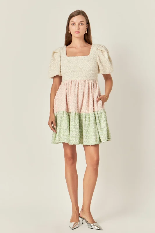 English Factory - Color Block Tweed Mini Dress Elegant Floral-Print Mini Dress