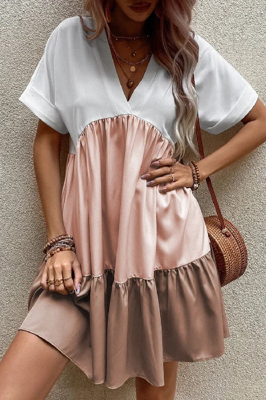 Color Block V-Neck Short Sleeve Mini Dress Fashionable Polka Dot Mini Dress