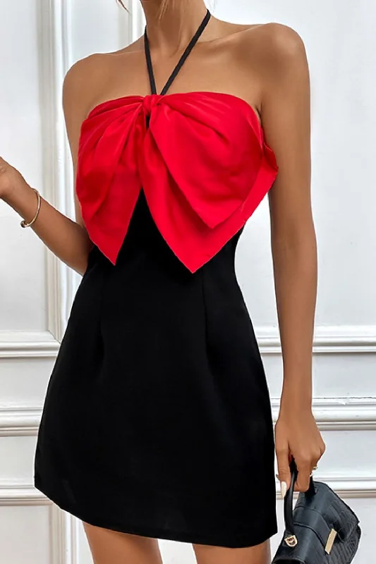 Contrast Halter Neck Mini Dress Stylish Ruffle Mini Dress