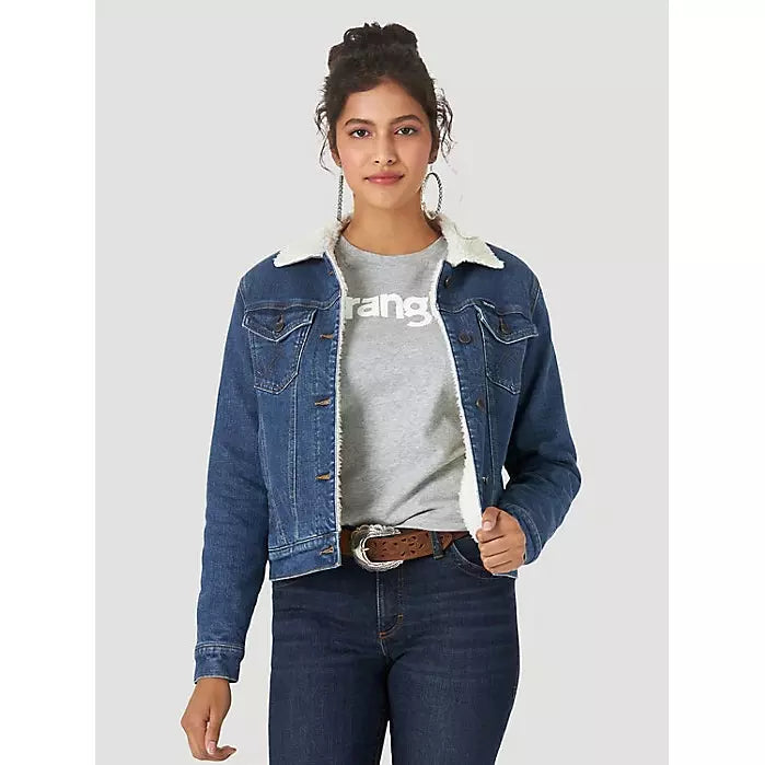 WOMEN'S WRANGLER RETRO® SHERPA LINED WESTERN DENIM JACKET IN DENIM Rayon Fabric Velvet Fabric Corduroy Fabric