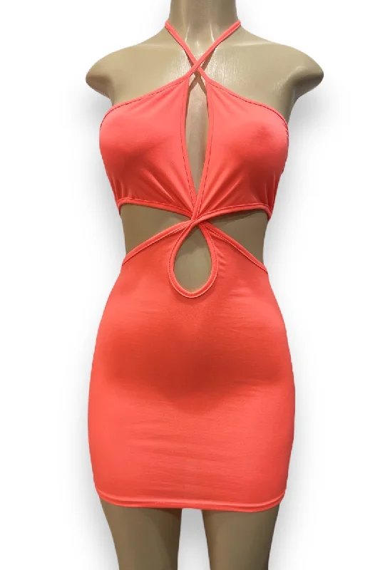 Criss Cross Cut Out Halter Mini Dress Trendy Mini Dress with Belt