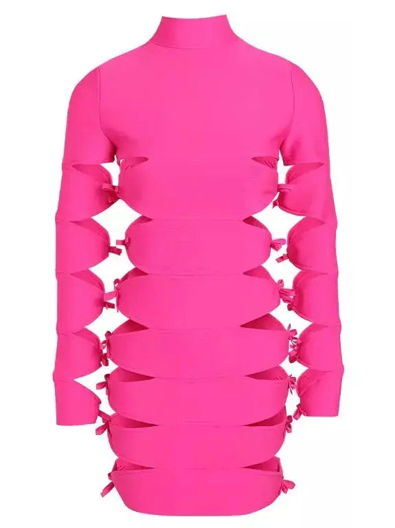 Cutout Bow-Embellished Mini Dress, Pink Fashionable Off-Shoulder Mini Dress