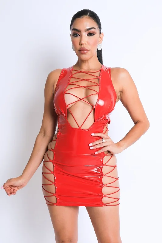 Cutout Strap Detailed PU Mini Dress Fashionable Polka Dot Mini Dress
