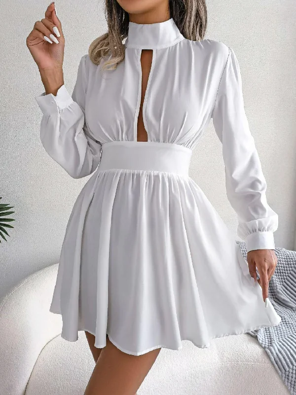 Cutout Turtleneck A-Line Mini Dress Fashionable Lace-Trim Mini Dress