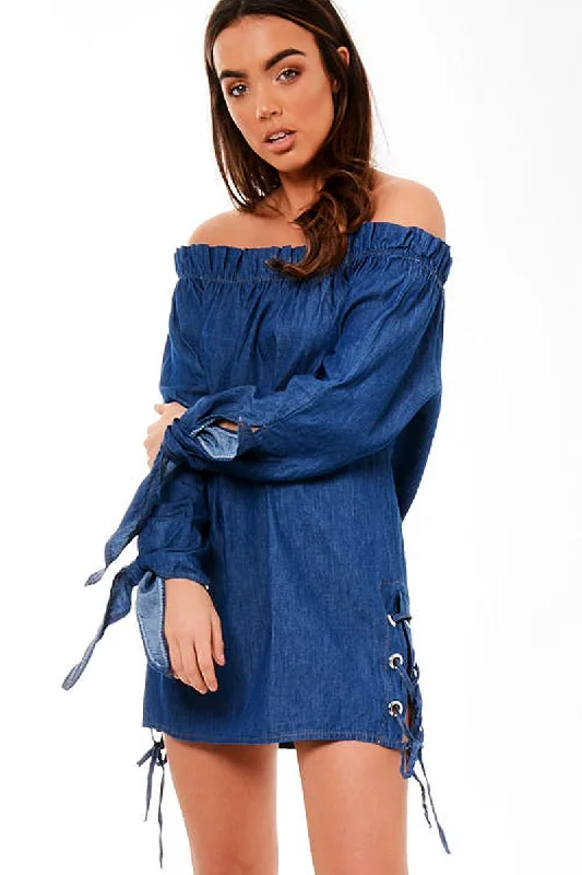 Dark Blue Denim Bardot Mini Dress - Elisha Stylish Floral Print Mini Dress