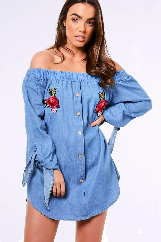 Denim Bardot Embroidered Mini Dress - Lena Classic Floral Print Mini Dress