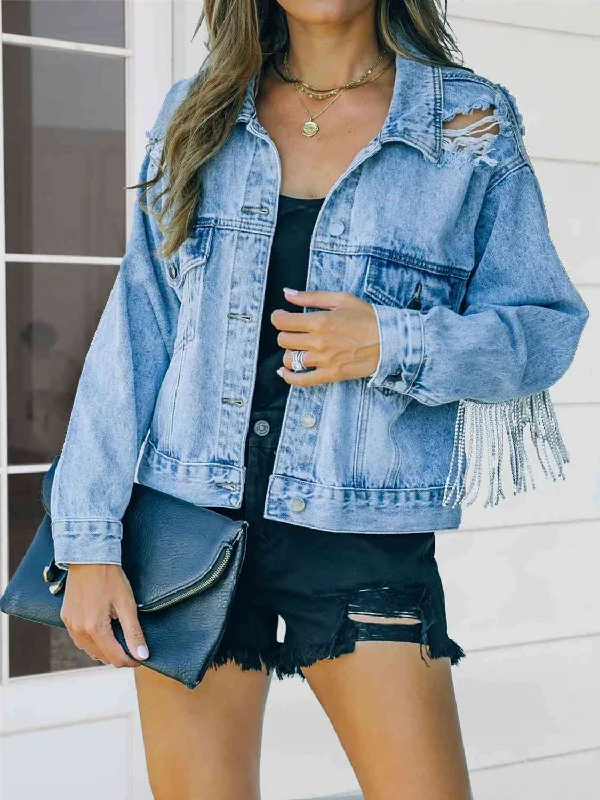 Distressed Fringe Denim Jacket Faux Fur Jacket Real Fur Jacket Shearling Jacket