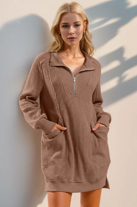 Double Take Waffle Long Sleeve Mini Dress with Pockets Fashionable Pleated Mini Dress Double Take Waffle Long Sleeve Mini Dress with Pockets Fashionable Pleated Mini Dress