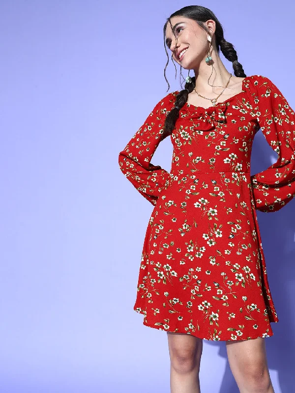 Berrylush Women Red & White Floral Printed V-Neck Crepe Flared A-Line Mini Dress Fashionable Denim Mini Dress Berrylush Women Red & White Floral Printed V-Neck Crepe Flared A-Line Mini Dress Fashionable Denim Mini Dress