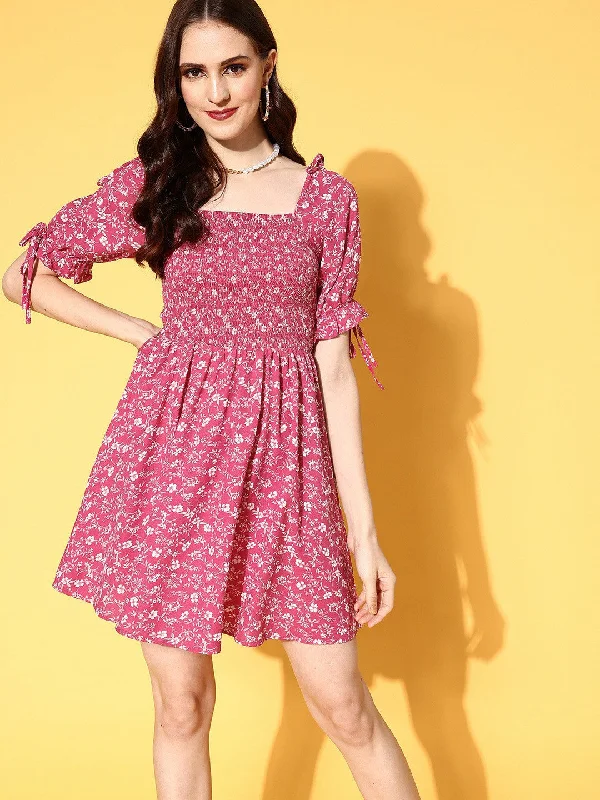 Berrylush Women Pink & White Floral Printed Square Neck Smocked Back Crepe A-Line Mini Dress Elegant Velvet Mini Dress Berrylush Women Pink & White Floral Printed Square Neck Smocked Back Crepe A-Line Mini Dress Elegant Velvet Mini Dress