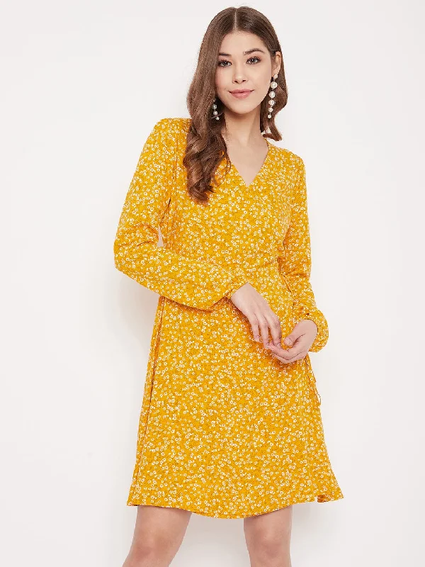 Berrylush Women Yellow & White Floral Printed Wrap Mini Dress Fashionable Boho-Chic Mini Dress