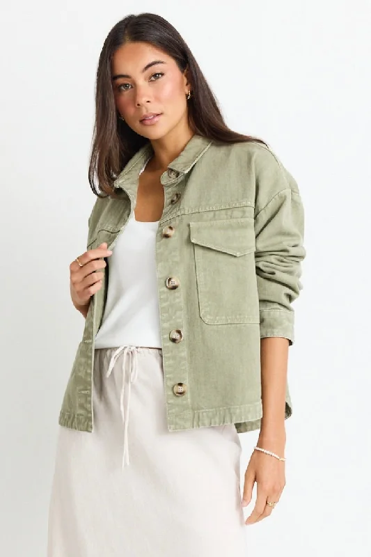 Echo Khaki Patch Pocket Denim Jacket Zippered Jacket Buttoned Jacket Snapped Jacket