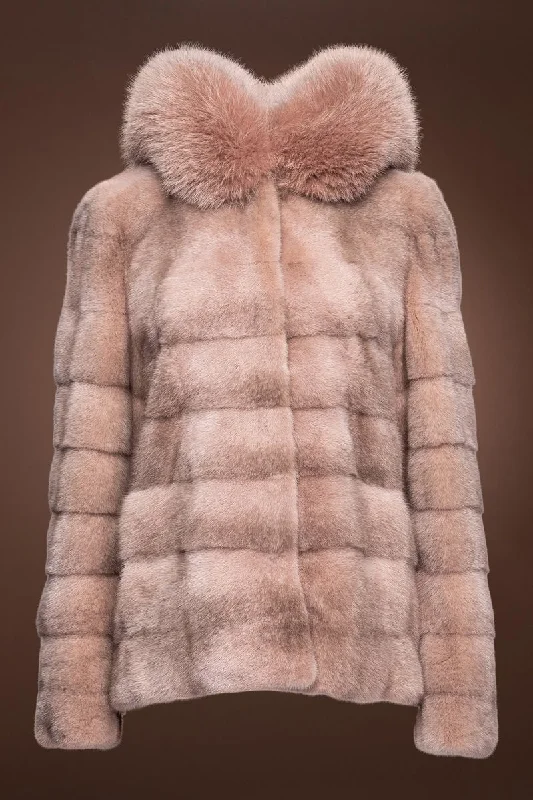 Horizontal Pink Cross Mink Fur Jacket - Pink Fox Fur Hood Trim Denim Jacket Leather Jacket Suede Jacket