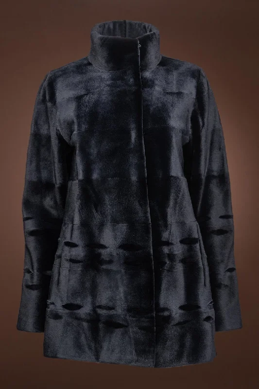 Ribbon Pattern Sheared Mink Fur Jacket Mesh Jacket Canvas Jacket Denim Jacket