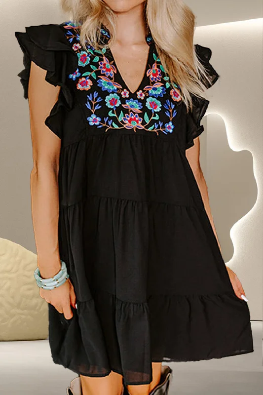 Embroidered Ruffled Cap Sleeve Mini Dress Stylish Ribbed Mini Dress