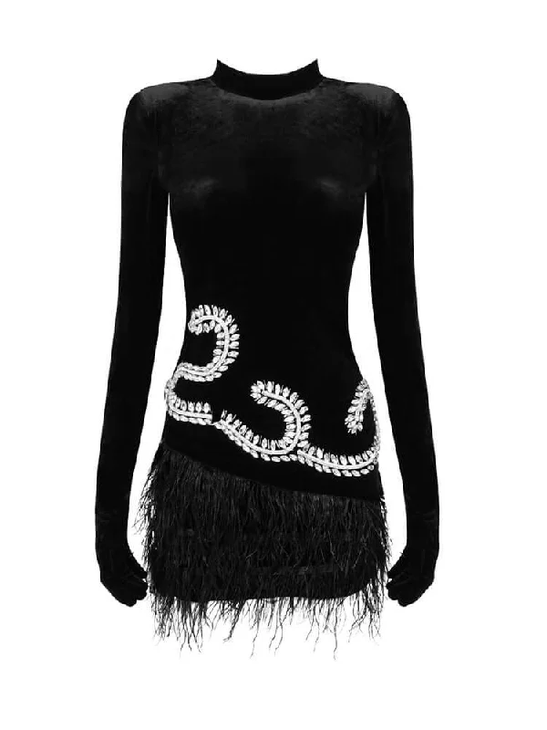Feather Velvet Gloves Mini Dress Chic Bohemian Mini Dress