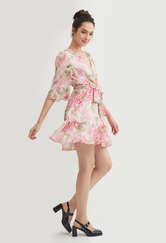 Floral Shimmer Chiffon Mini Dress Casual Mini Dress with Pockets