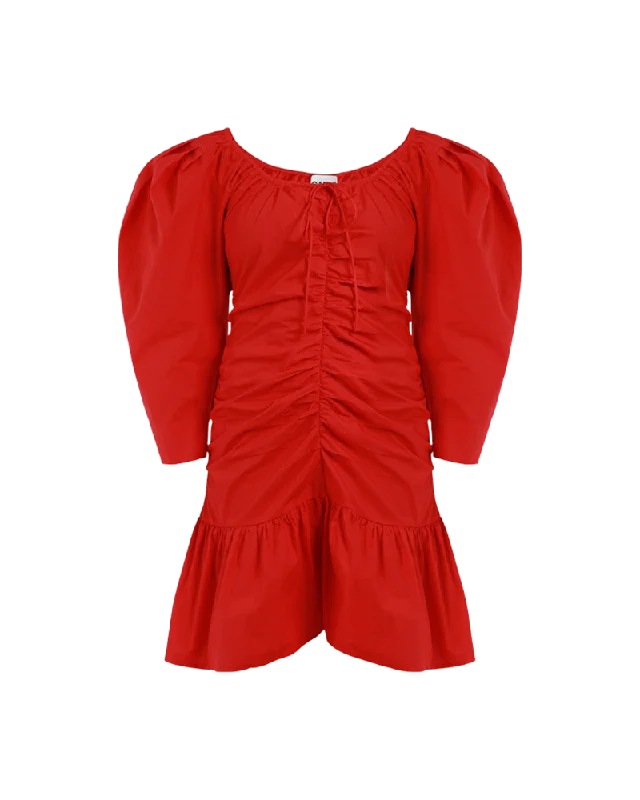 Cotton Poplin Gathered U-neck Mini Dress Trendy Button-Detail Mini Dress