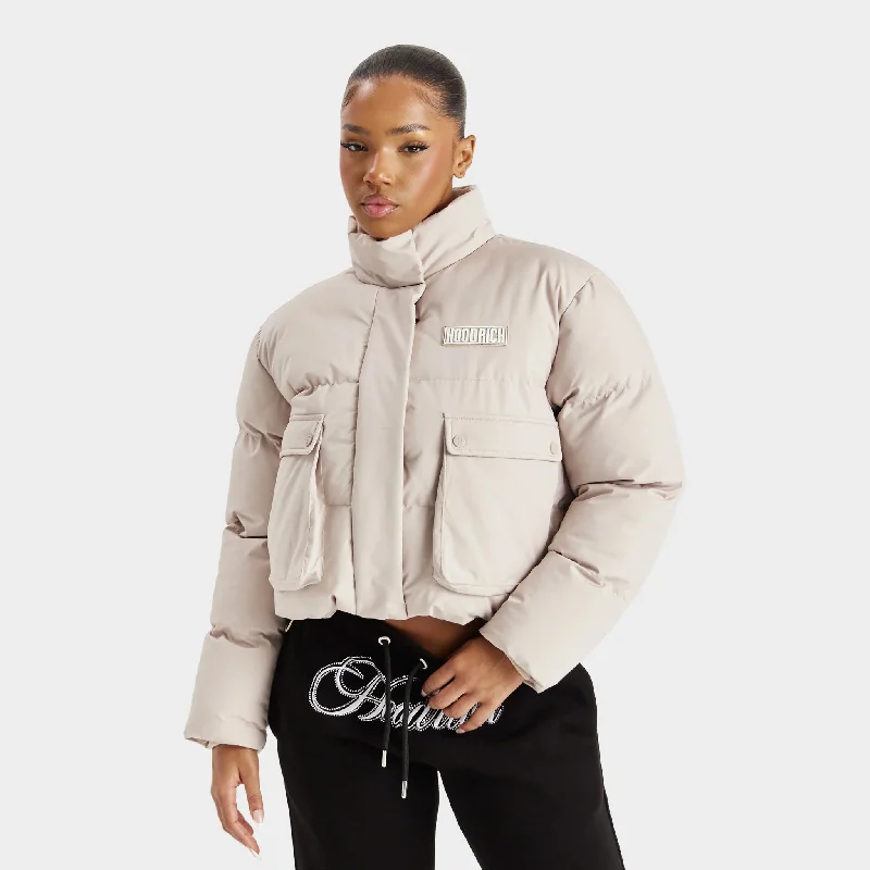 Hoodrich Women's Mia Cropped Puffer Jacket Oxford Tan / White Trench Coat Raincoat Waterproof Jacket