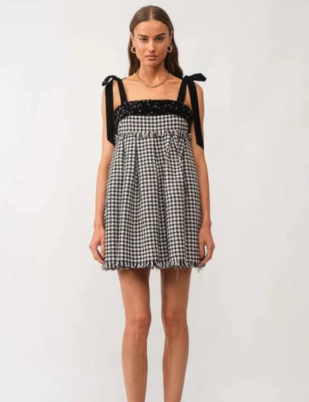 Houndstooth Tweed Mini Dress Chic Halter Mini Dress