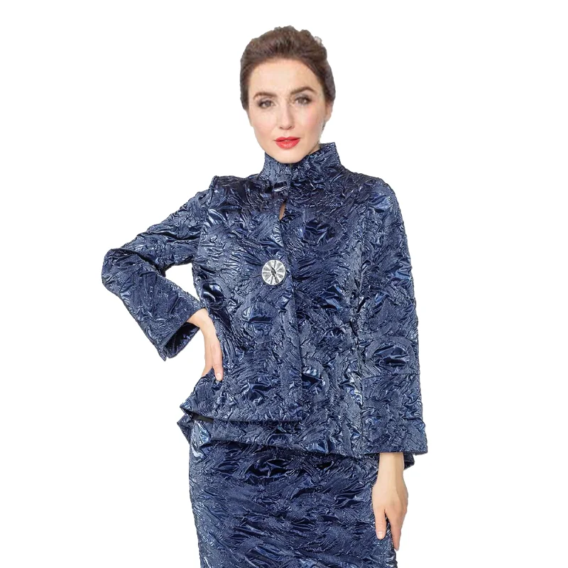 IC Collection Shiny Textured Crinkle One-Button Jacket in Navy - 5519J - Size M Only! Jacket Blazer Coat