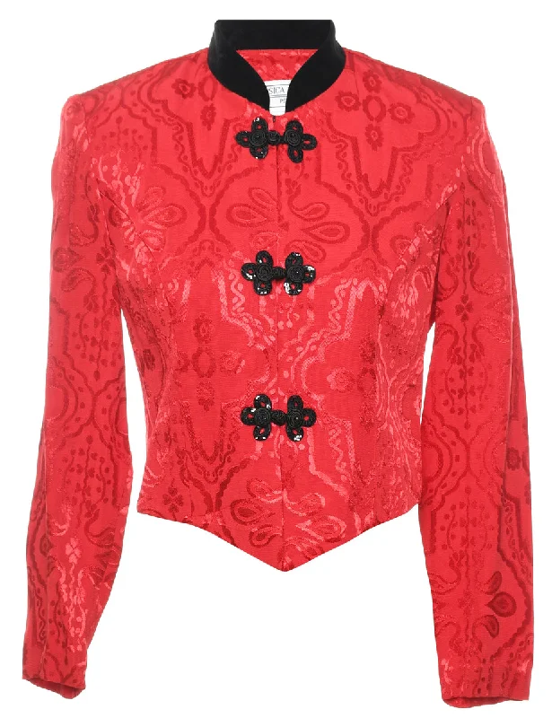 Jacquard Design Red & Black Contrast Collar Evening Jacket - S Mesh Jacket Canvas Jacket Denim Jacket