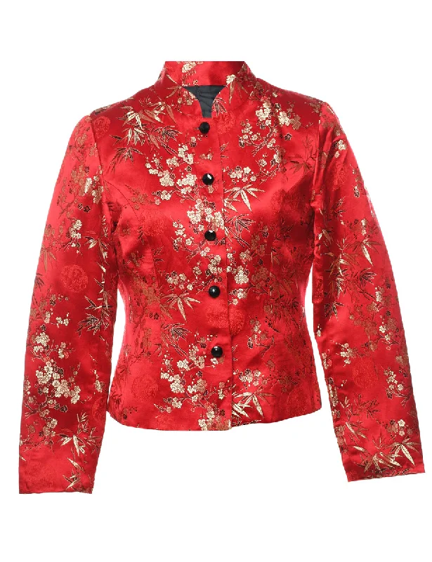 Jacquard Red Floral Metallic Evening Jacket - M Appliqued Jacket Beaded Jacket Sequined Jacket