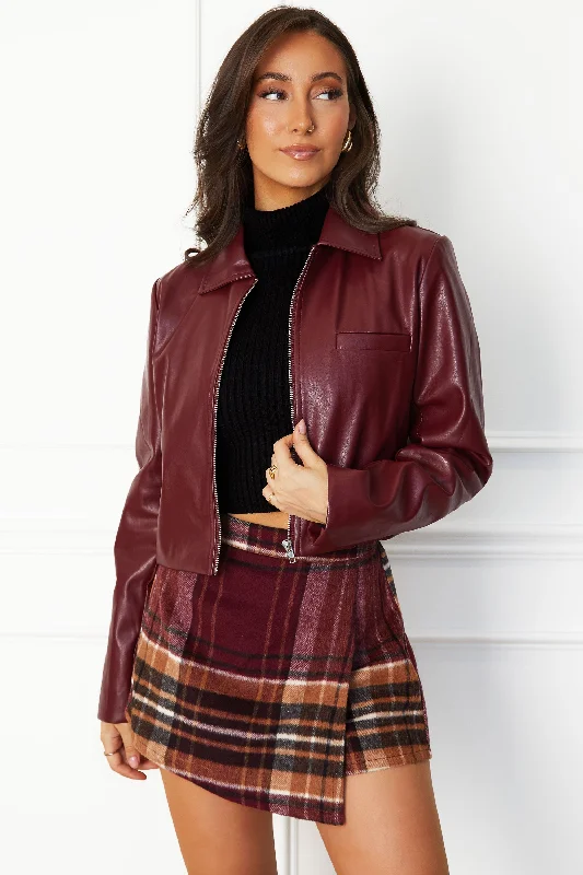 Jordanna Wine Vegan Leather Jacket Belted Jacket Elasticated Jacket Padded Jacket