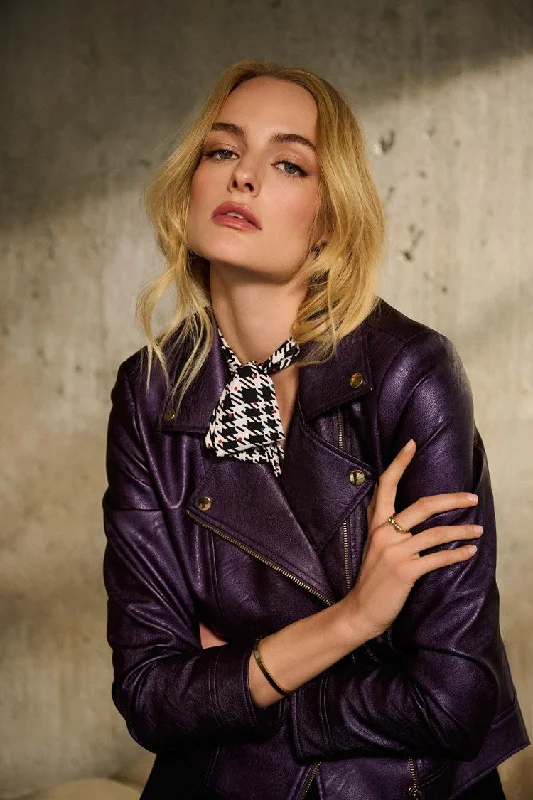 Joseph Ribkoff Metallic Blackcurrant Faux Leather Biker Jacket Insulated Jacket Fitted Jacket Loose Jacket