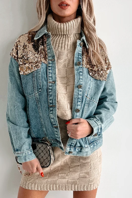 Keeping Things Fun Sequin Denim Jacket (Gold Combo) Print Jacket Jacquard Jacket Embroidered Jacket