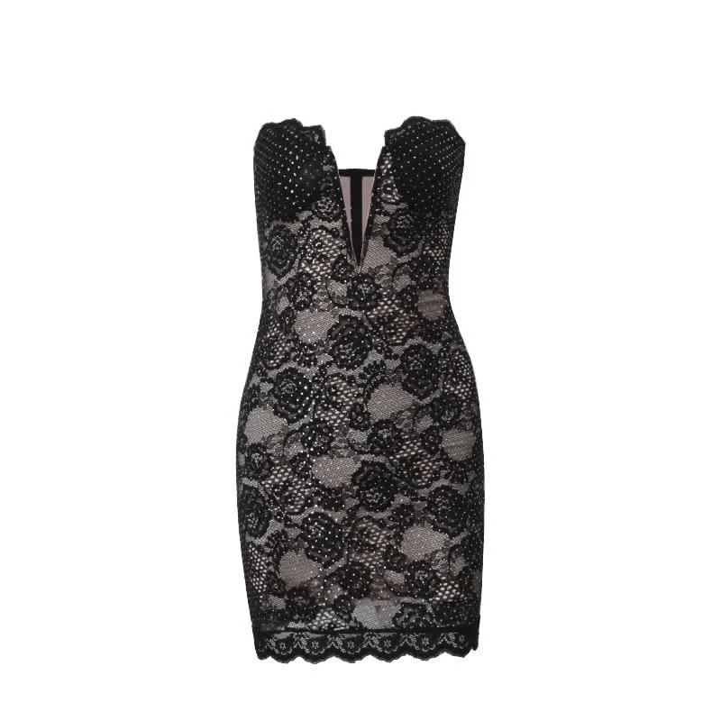 Lace hem beaded backless zip-up tube mini dress Classic Shift Mini Dress