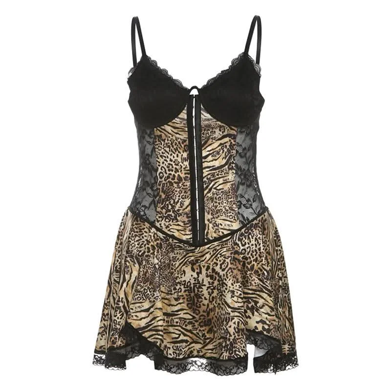 Lace hem leopard print v neck button cami mini dress Cozy Cotton Mini Dress