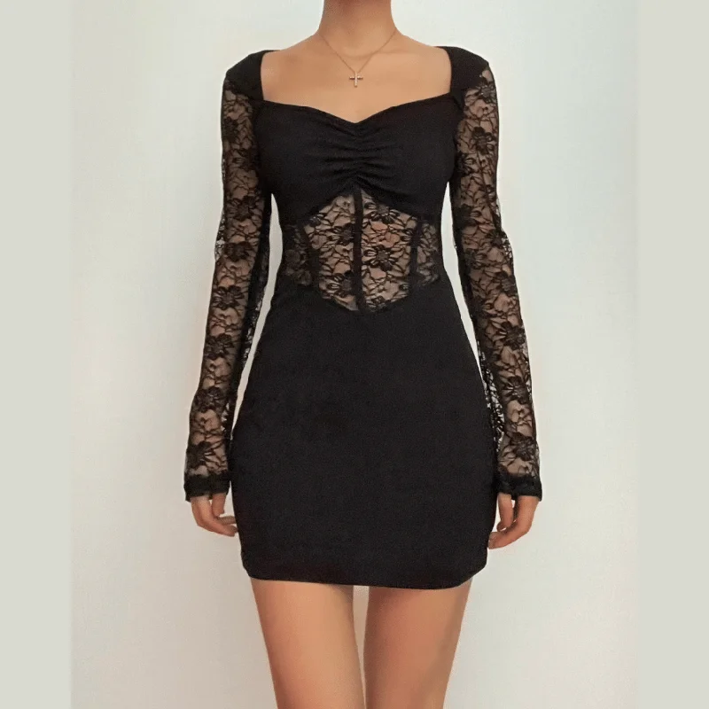 Lace patchwork corset long sleeve solid ruched mini dress Comfortable One-Shoulder Mini Dress Lace patchwork corset long sleeve solid ruched mini dress Comfortable One-Shoulder Mini Dress