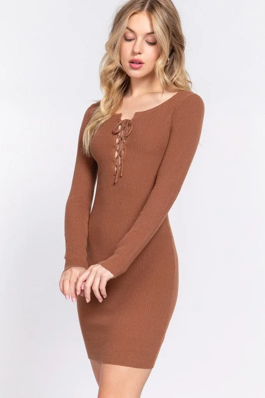 Lace Up Long Sleeve Knit Mini Dress Trendy Crossover Mini Dress