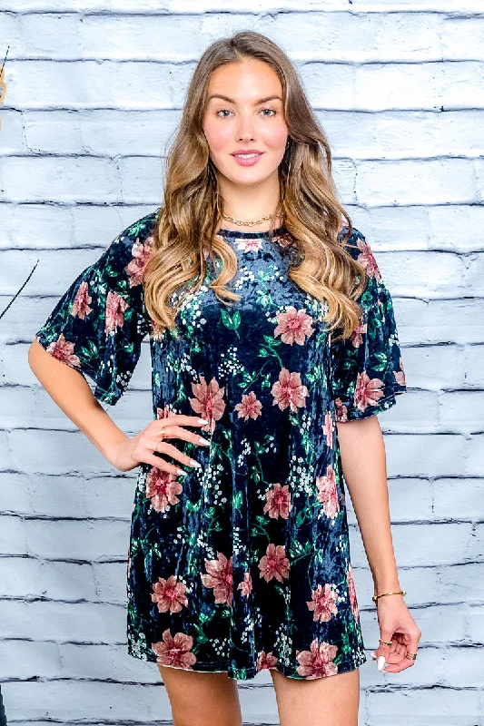 Short Sleeve Floral Printed Mini Dress (LD42688) Elegant Velvet Mini Dress