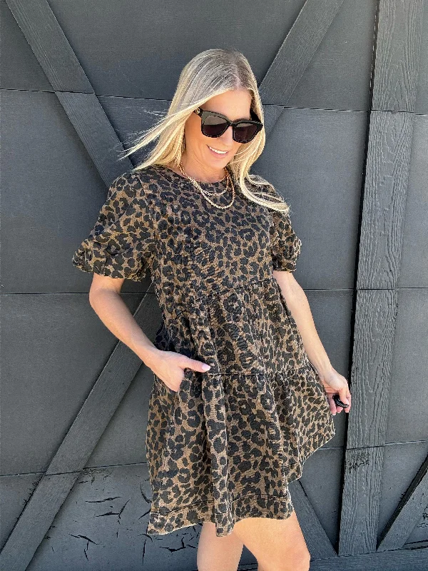Leopard Print Bubble Sleeve Mini Dress In Brown Elegant Silk Mini Dress