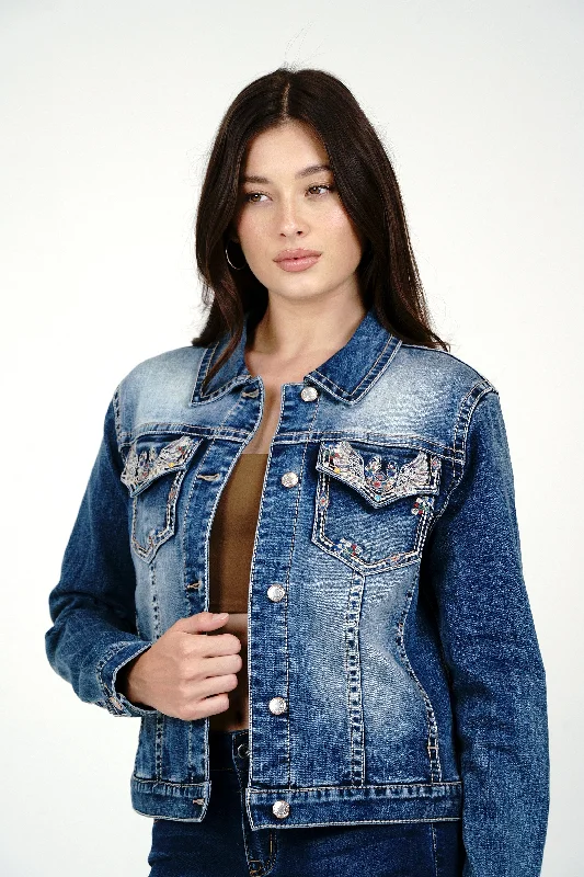 Wing / Horse Shoe Embroidery Med Blue Denim Jacket Satin Fabric Silk Fabric Chiffon Fabric