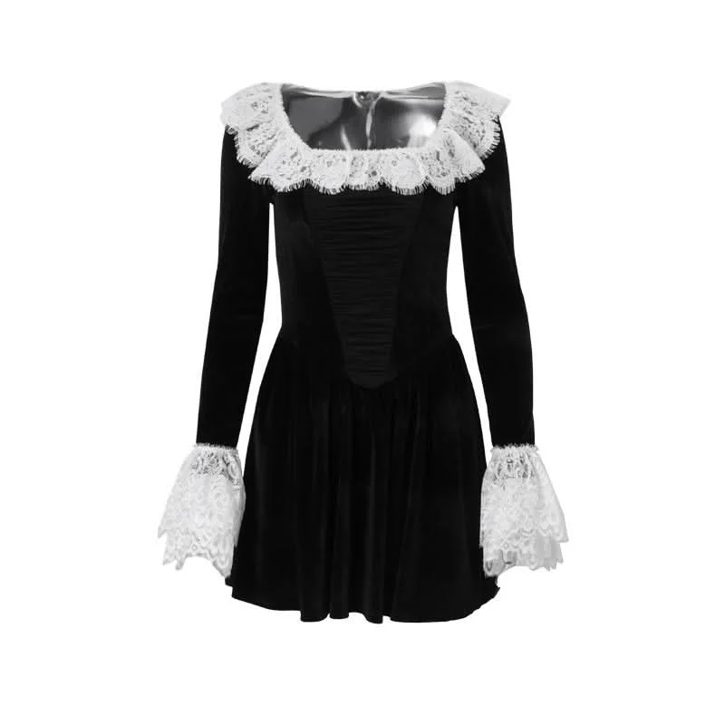 Long flared sleeve lace hem zip-up velvet mini dress Trendy Wraparound Mini Dress
