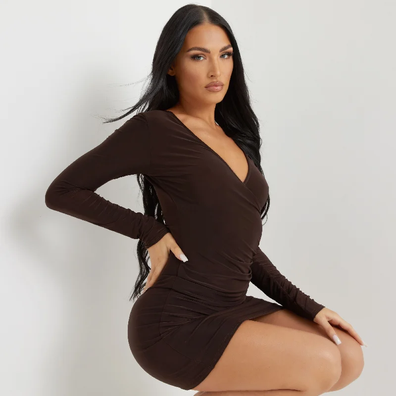 Long Sleeve Plunge Mini Dress In Brown Cozy Knitted Mini Dress