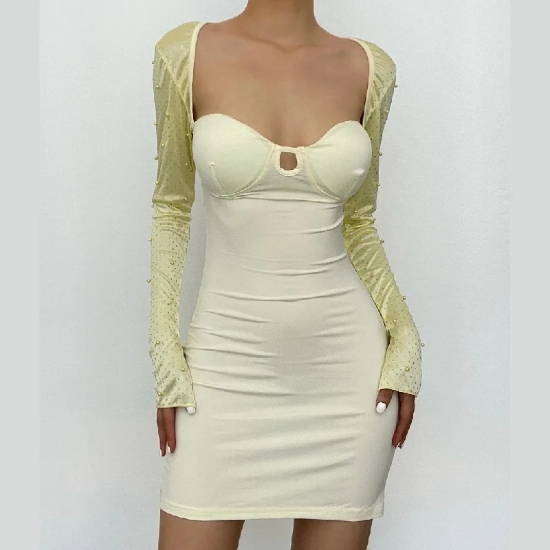 Long sleeve solid hollow out slit ruched beaded self tie backless cut out mini dress - Final Sale Fashionable Button-Front Mini Dress