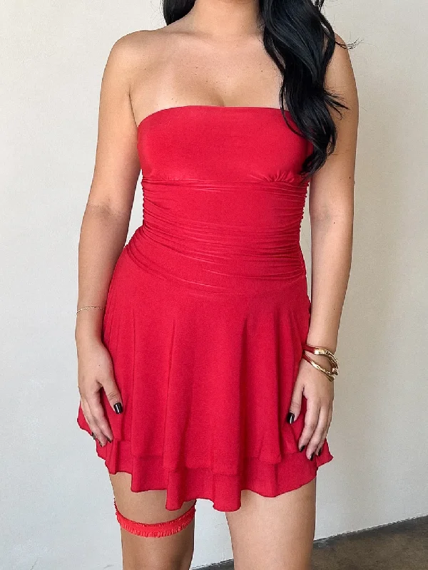 May Ruffled Mini Dress (Red) Elegant Lace-Up Mini Dress