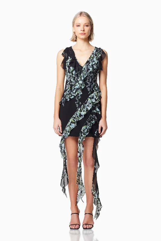 Mediterranean Frilled Mini Dress in Black Chic Puff Sleeve Mini Dress