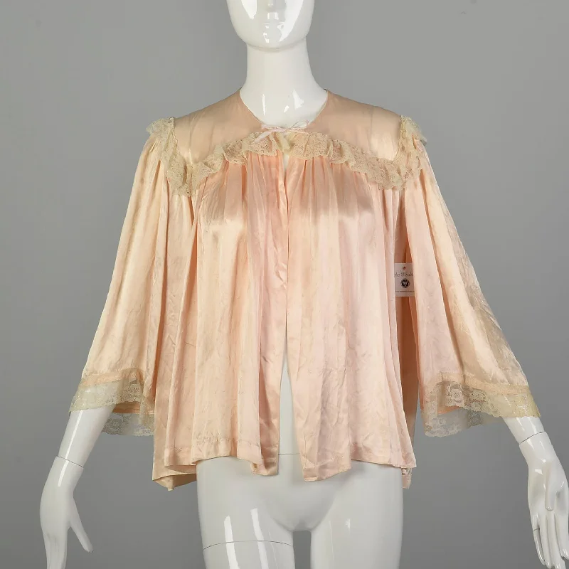 Medium 1950s Bed Jacket Pink Silk Glamorous Boudoir Swing Robe Lingerie Notch Collar Peter Pan Collar Cowl Neck